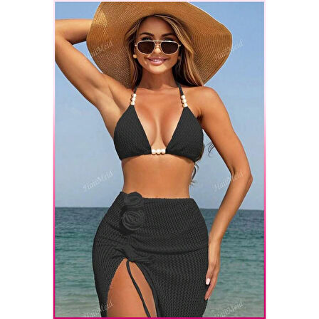 Kadın Siyah Askılı İncili Mayo takımı