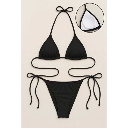 MARSiLYAN- Kadın Siyah Yandan ve Boyundan Bağlamalı Bikini Mayo Takımı