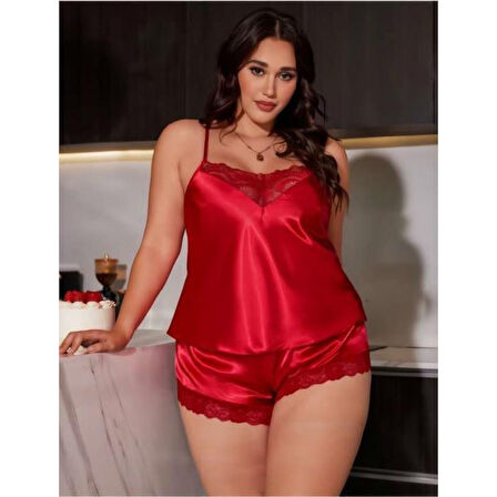 MARSiLYAN- Büyük Beden Kırmızı Dantel İşlemeli Saten Şortlu Takım