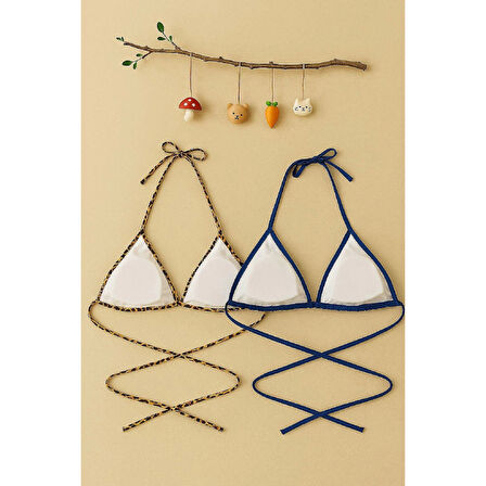 MARSiLYAN- Kadın Leopar Desenli ve Mavi Minimal Kesim Üçgen Bikini Üstü