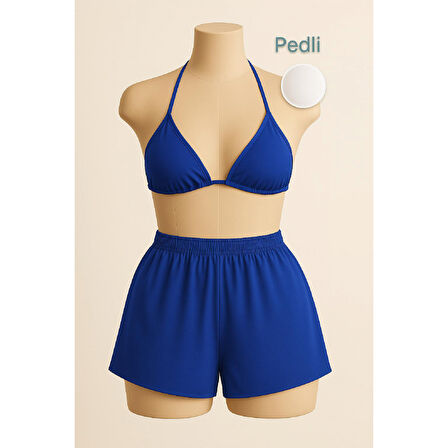 Kadın Mavi Şortlu Belden Ve Boyundan Bağlamalı Bikini Takımı