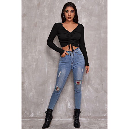 Kadın Siyah Uzun Kollu Büzdürme Bağcık Detaylı Crop Top Bluz