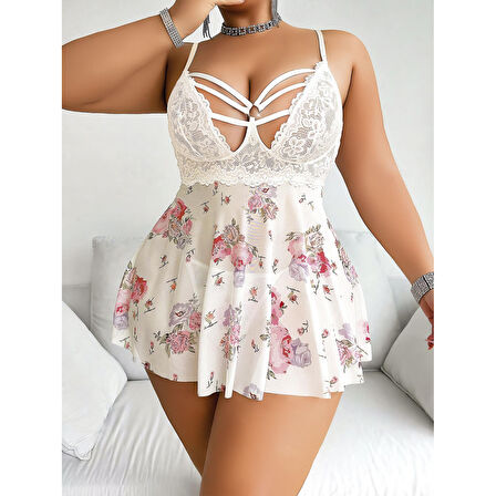 MARSiLYAN- Büyük Beden Beyaz Üstüne Çiçek Desenli Dantel İşlemeli İnce Askılı Mini Gecelik