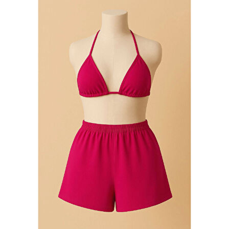 MARSiLYAN- Kadın Fuşya Şortlu Belden ve Boyundan Bağlamalı Bikini Takımı