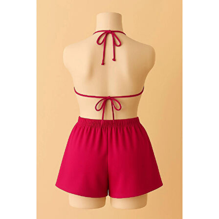MARSiLYAN- Kadın Fuşya Şortlu Belden ve Boyundan Bağlamalı Bikini Takımı