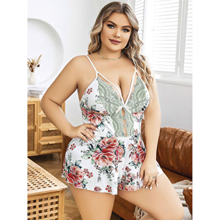 MARSiLYAN- Büyük Beden Beyaz Üstüne Çiçek Desenli Dantel İşlemeli İnce Askılı Şort Gecelik