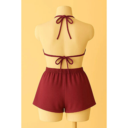 MARSiLYAN- Kadın Bordo Şortlu Belden ve Boyundan Bağlamalı Bikini Takımı