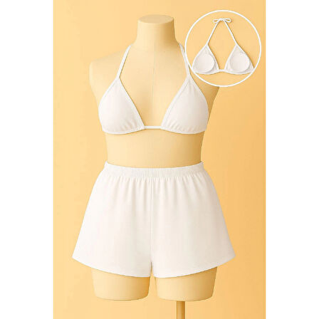 MARSiLYAN- Kadın Beyaz Şortlu Belden ve Boyundan Bağlamalı Bikini Takımı