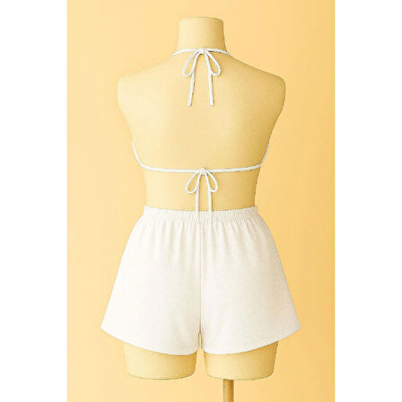 MARSiLYAN- Kadın Beyaz Şortlu Belden ve Boyundan Bağlamalı Bikini Takımı