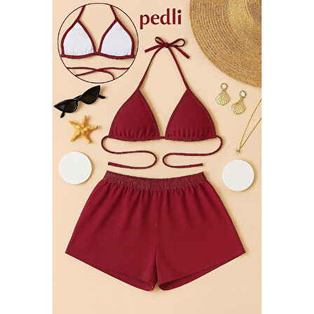 MARSiLYAN- Kadın Bordo Şortlu Belden ve Boyundan Bağlamalı Bikini Takımı