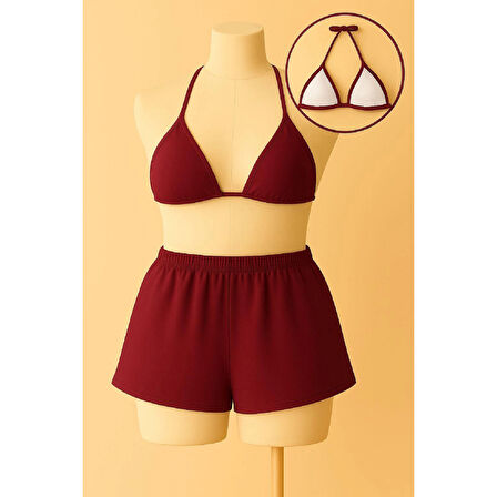 MARSiLYAN- Kadın Bordo Şortlu Belden ve Boyundan Bağlamalı Bikini Takımı