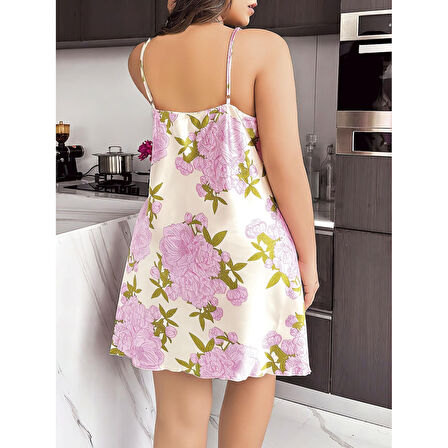 MARSiLYAN- Büyük Beden Çiçek Desenli Dantel İşlemeli Yırtmaçlı İnce Askılı Gecelik