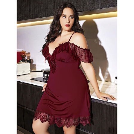 MARSiLYAN- Büyük Beden Bordo Dantel İşlemeli İnce Askılı Gecelik