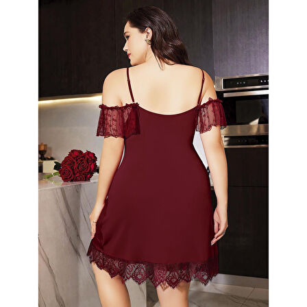 MARSiLYAN- Büyük Beden Bordo Dantel İşlemeli İnce Askılı Gecelik