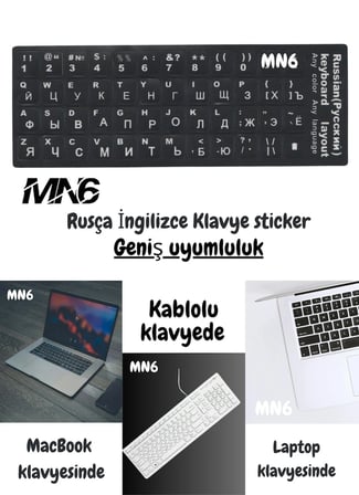 MN6 MR01 Rusça İngilizce Klavye Sticker 5 Adet Laptop PC Uyumlu Silinmez Yapışkanlı Harf Çıkartması