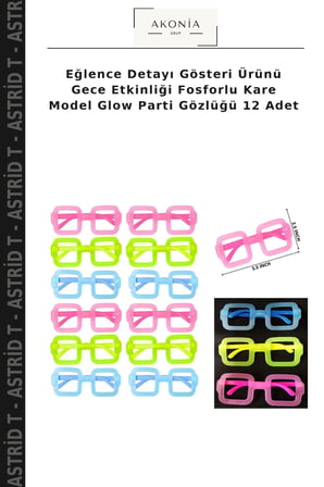 Eğlence Detayı Gösteri Ürünü Gece Etkinliği Fosforlu Kare Model Glow Parti Gözlüğü 12 Adet