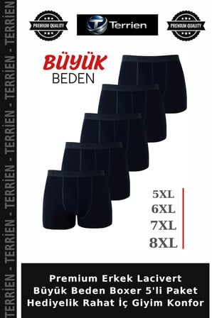 Premium Erkek Lacivert Büyük Beden Boxer 5'li Paket Hediyelik Rahat İç Giyim Konfor