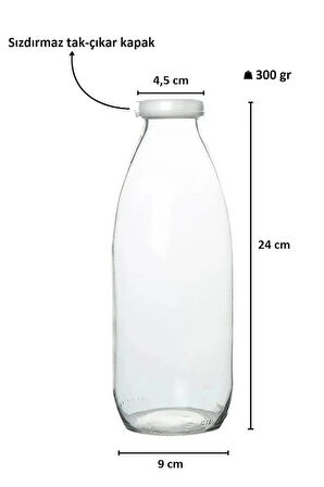 2 Adet Beyaz Plastik Kapaklı 1 Litre Şeffaf Sürahi Süt, Ayran, Su, Limonata Meşrubat Şişesi Cam Şişe