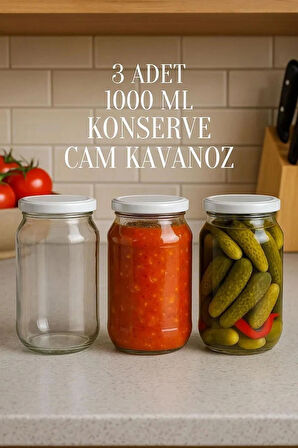 3 Adet 1000 ml Metal Beyaz Konserve Kapaklı Şeffaf Paşabahçe Menemen Turşuluk Cam Kavanoz