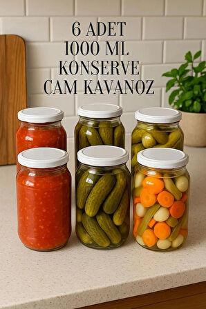 6 Adet 1000 ml Metal Beyaz Konserve Kapaklı Şeffaf Paşabahçe Menemen Turşuluk Cam Kavanoz