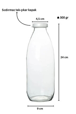 4 Adet Beyaz Plastik Kapaklı Cam Şişe 1 Litre Şeffaf Sürahi Süt, Ayran, Su, Limonata Meşrubat Şişesi