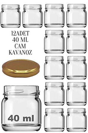 12 Adet 40 ml Gold Metal Kapaklı  Şeffaf Numune Mama Ek Gıda Şekerleme Reçellik Küçük Cam Kavanoz