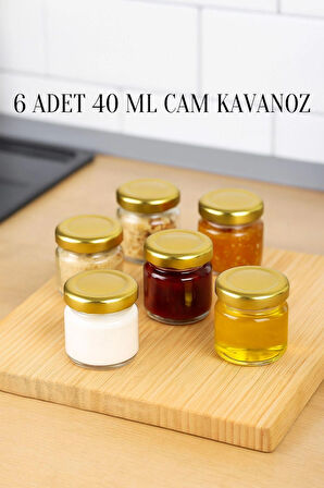 6 Adet 40 ml Gold Metal Kapaklı  Şeffaf Numune Mama Ek Gıda Şekerleme Reçellik Küçük Cam Kavanoz