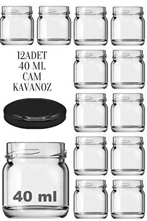 12 Adet 40 ml Siyah Metal Kapaklı  Şeffaf Numune Mama Ek Gıda Şekerleme Reçellik Küçük Cam Kavanoz