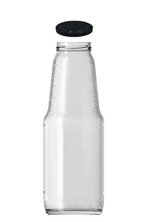 1 Litre Şeffaf Sürahi Süt, Ayran, Su, Limonata, Meşrubat Şişesi Metal Siyah Kapaklı Cam Şişe 1000ml