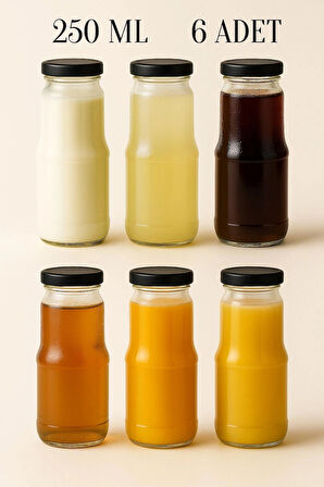 6 Adet 250 ML Şeffaf Sürahi Süt, Ayran, Su, Limonata, Meşrubat Şişesi Metal Siyah Kapaklı Cam Şişe