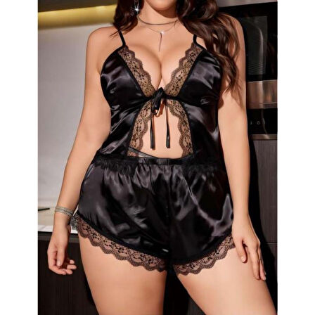 Büyük Beden Siyah Dantel İşlemeli Saten Şortlu Takım