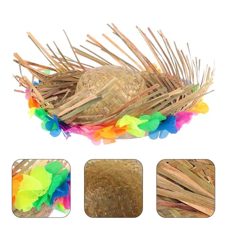 Naturel Renk Püsküllü Örme Hasır Hawaii Luau Aloha Şapka 13x36 cm Moda Ürünü Sahil Kombini