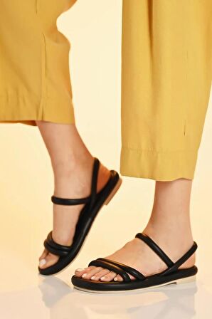 Kadın Siyah / Beyaz Rahat Ortopedik Taban Rome Çift Bantlı Puff  Sandalet 