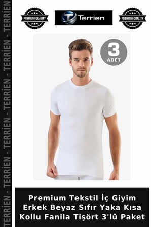Premium Tekstil İç Giyim Erkek Beyaz Sıfır Yaka Kısa Kollu Fanila Tişört 3'lü Paket