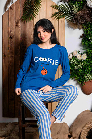 Nisanca Mevsimlik Uzun Kollu %100 Pamuk Kadın Pijama Takımı- Desenli Kadın Pijama