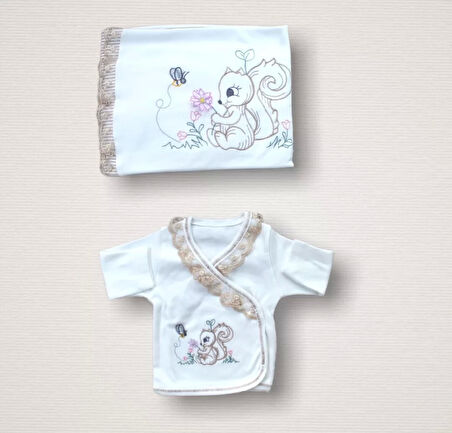 Eterella Minik Sincap Nakışlı %100 Cotton Antibakteriyel 10lu Zıbın Takımı Hastane Çıkışı Ekru