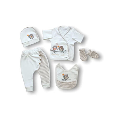 Eterella Romantik Çift Baykuş Nakışlı %100 Cotton Antibakteriyel 5li Zıbın Takımı Hastane Çıkışı Ekru