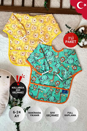 Eterella Bear Ve Safari Desenli 2'li Paket Sıvı Geçirmez Unisex Aktivite Ve Mama Önlüğü 6-24 Ay