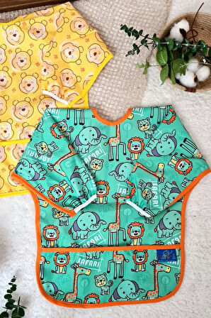 Eterella Bear Ve Safari Desenli 2'li Paket Sıvı Geçirmez Unisex Aktivite Ve Mama Önlüğü 6-24 Ay