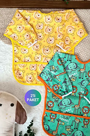 Eterella Bear Ve Safari Desenli 2'li Paket Sıvı Geçirmez Unisex Aktivite Ve Mama Önlüğü 6-24 Ay