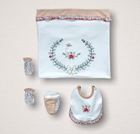 Eterella Erguvan Taç Nakışlı %100 Cotton Antibakteriyel Kız Bebek 10lu Zıbın Takımı Hastane Çıkışı Nar Çiçeği