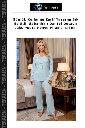 Günlük Kullanım Zarif Tasarım Şık Ev Stili Sabahlıklı Dantel Detaylı Lüks Pudra Penye Pijama Takımı