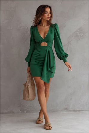 Trendexa V Elbise Balon Kollu Mini Yaka · Renk: Yeşil · Beden: M MAC