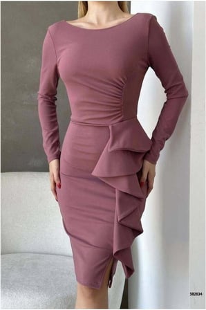 Trendexa Krep Elbise Bisiklet Volanlı Abiye Yaka Kumaş · Renk: Saks · Beden: M MAC