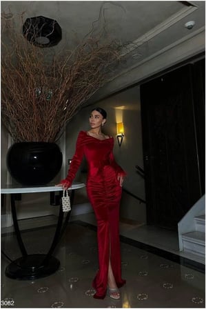 Trendexa Kadife Kumaş Abiye Kruvaze Yaka Elbise Maxi · Renk: Saks · Beden: M MAC