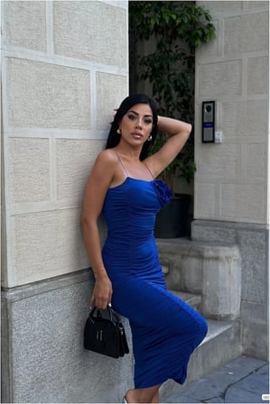 Trendexa Kadife Kuşaklı Kumaş Abiye Kruvaze Yaka Elbise Midi · Renk: Saks · Beden: M MAC