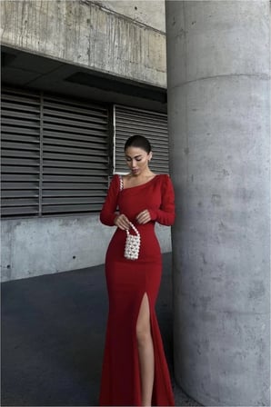 Trendexa Kayık Uzun Taş Abiye Yaka Elbise Kollu Detaylı · Renk: Kırmızı · Beden: XL MAC