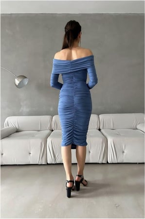 Trendexa Esnek Elbise Sandy Abiye Midi Straplez Kumaş · Renk: Mavi · Beden: M MAC
