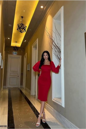 Trendexa Saten Kumaş Kesim Abiye Yaka Balık Elbise Kare · Renk: Saks · Beden: 2XL MAC