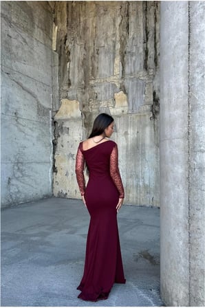 Trendexa Asimetrik Taş Abiye Yaka Elbise Maxi Detaylı · Renk: Bordo · Beden: 3XL MAC